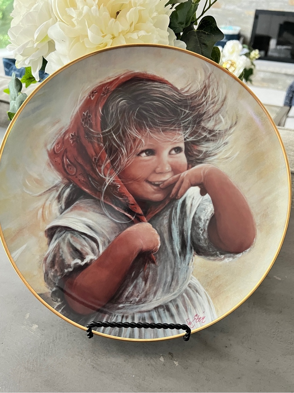Decorative Collector Plate with Girl Portrait in Red Scarf